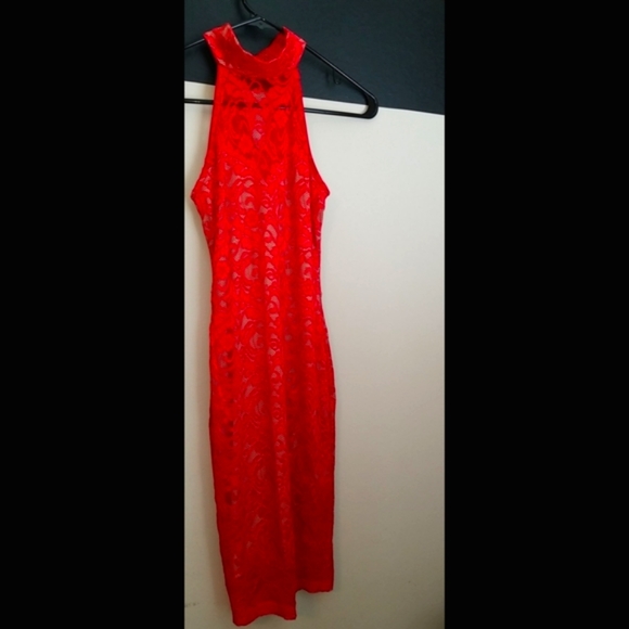NEW LISTING! Red Nude Illusion Lace Mock Neck Dress - Picture 14 of 17